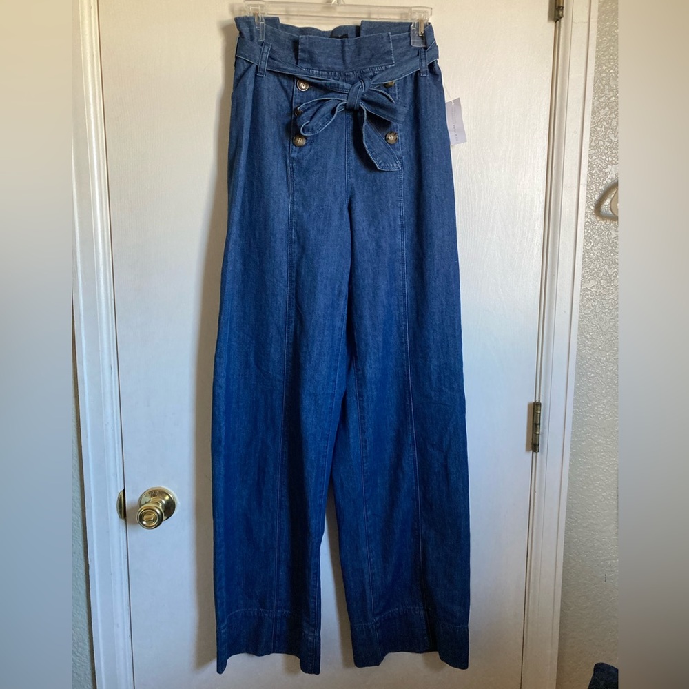 *NY&C New Medium Wash Sailor Mariner Sz 4 Belted Paper Bag Wide Leg Jeans #Gy